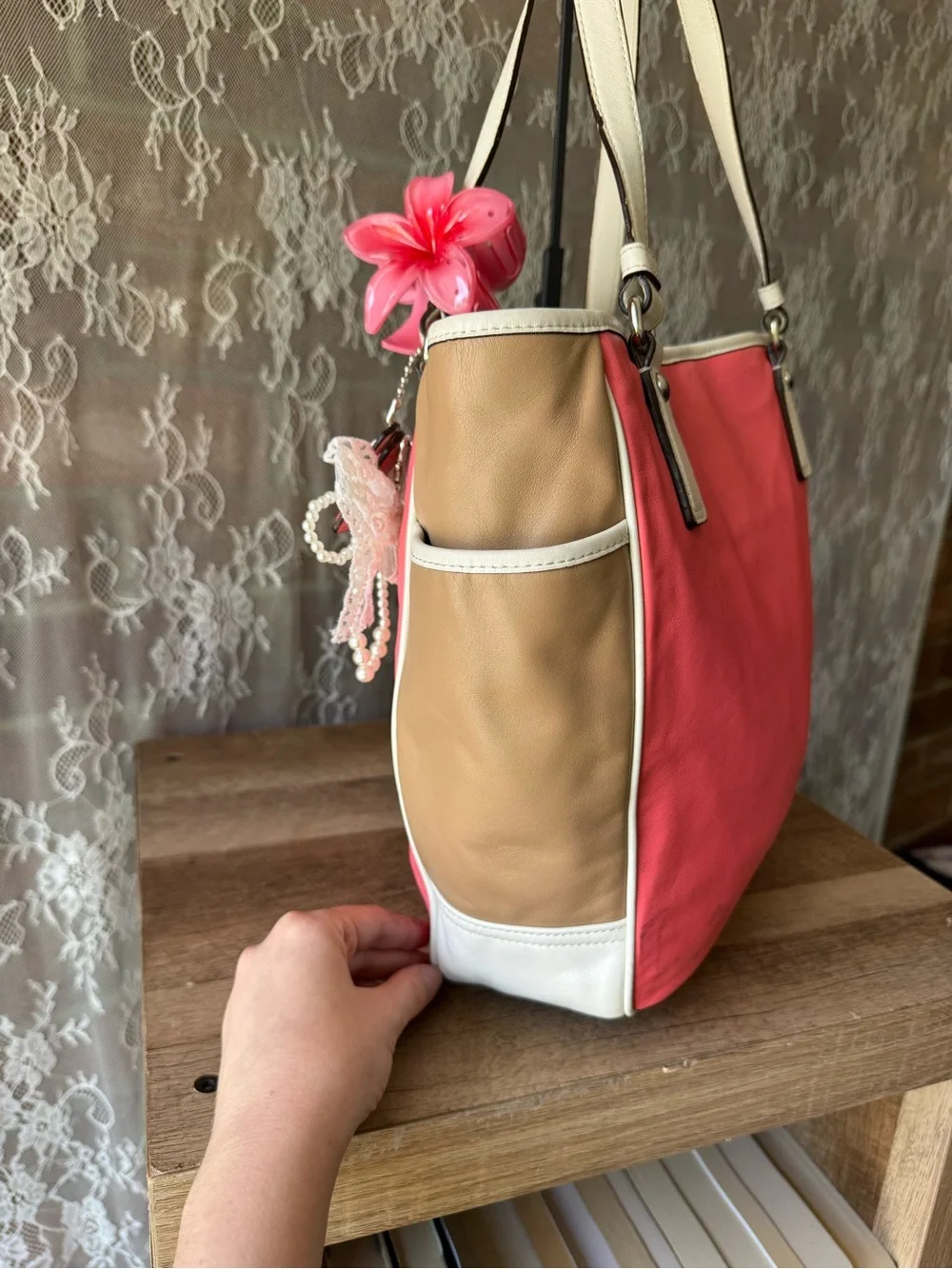 Coach Pink and Tan Leather Tote with White Trim